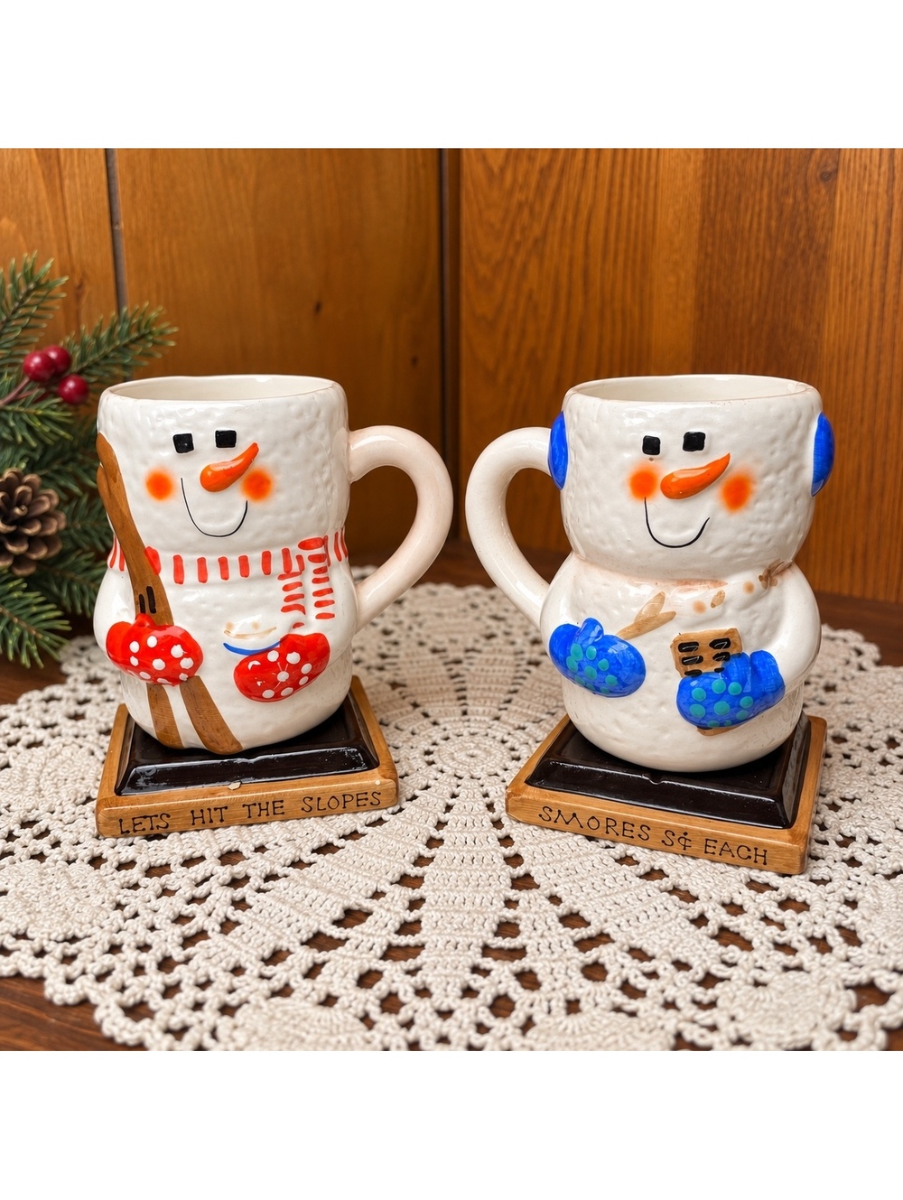Snowman Mugs Set Of 2 Vintage Ceramic Christmas Winter Decor 6 Inch